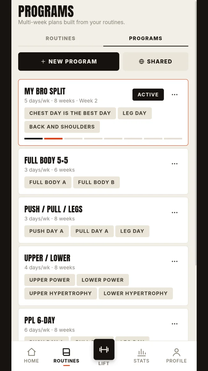 Iron Clad Strength — programs screen, light theme